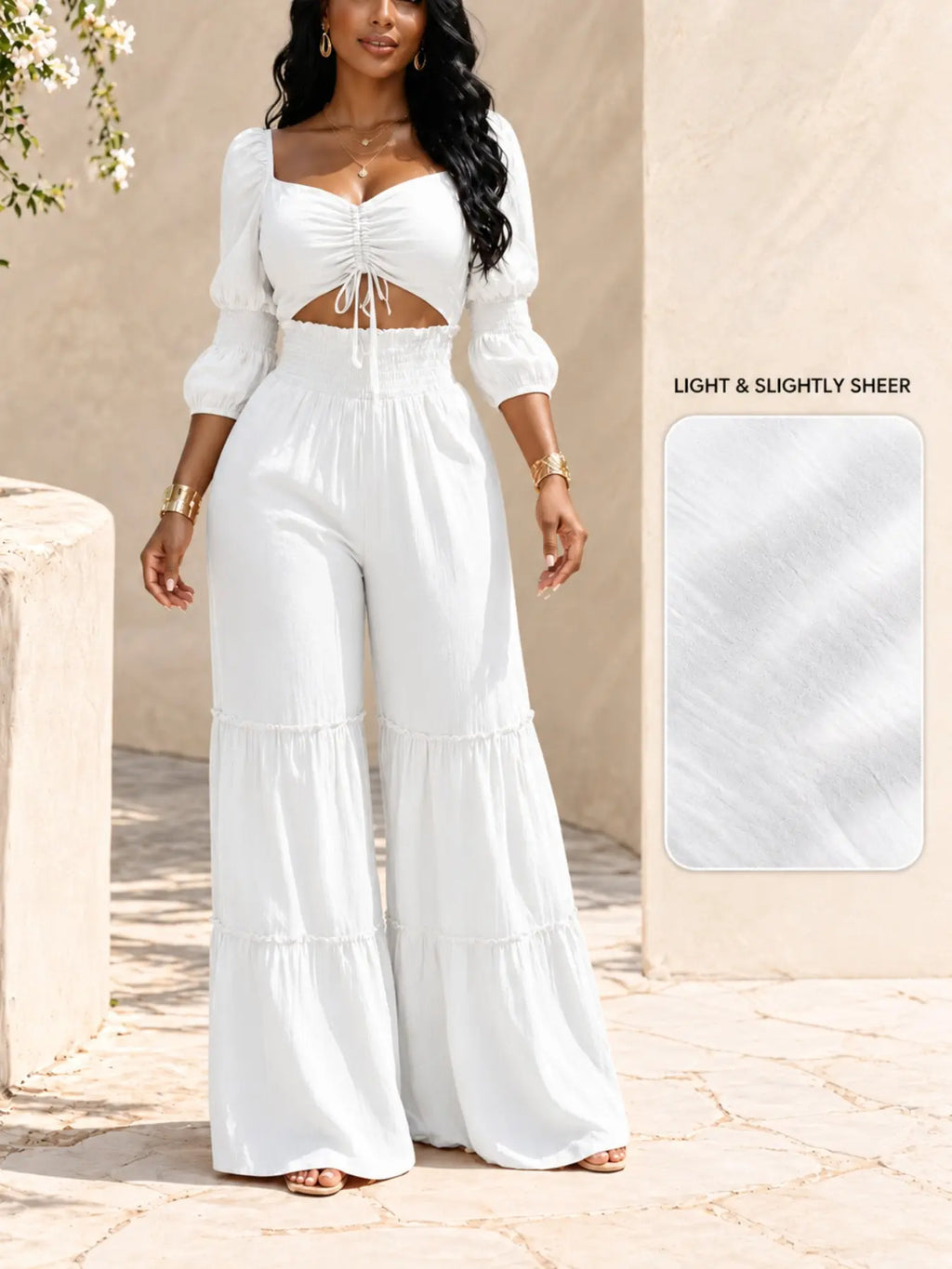 Women's Square Neck Two-Piece Set, Adjustable Drawstring Top and High Waist Wide Leg Pants, French Chic Elegant Style, Essential for Spring & Fall, Casual Chic Set