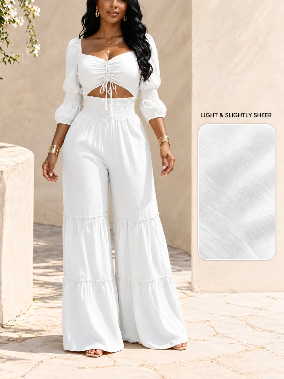 Women's Square Neck Two-Piece Set, Adjustable Drawstring Top and High Waist Wide Leg Pants, French Chic Elegant Style, Essential for Spring & Fall, Casual Chic Set