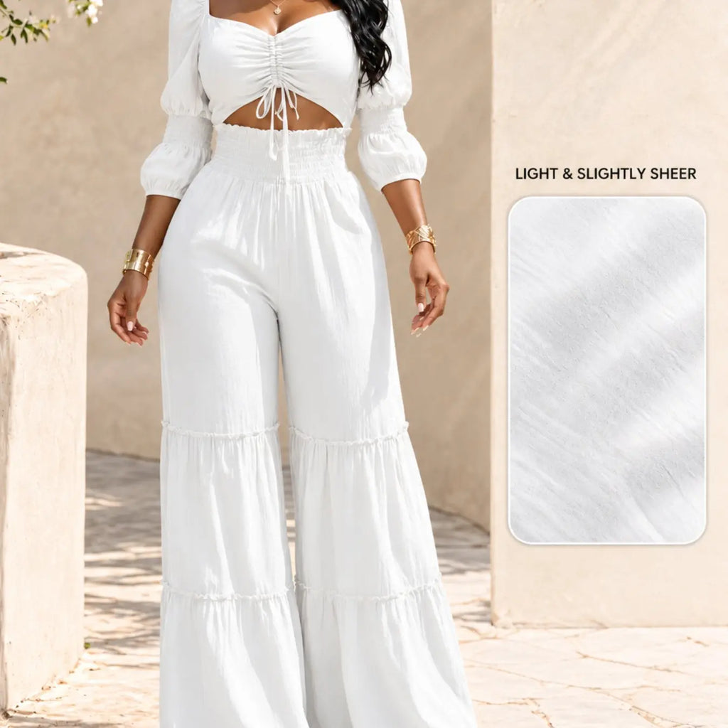 Women's Square Neck Two-Piece Set, Adjustable Drawstring Top and High Waist Wide Leg Pants, French Chic Elegant Style, Essential for Spring & Fall, Casual Chic Set