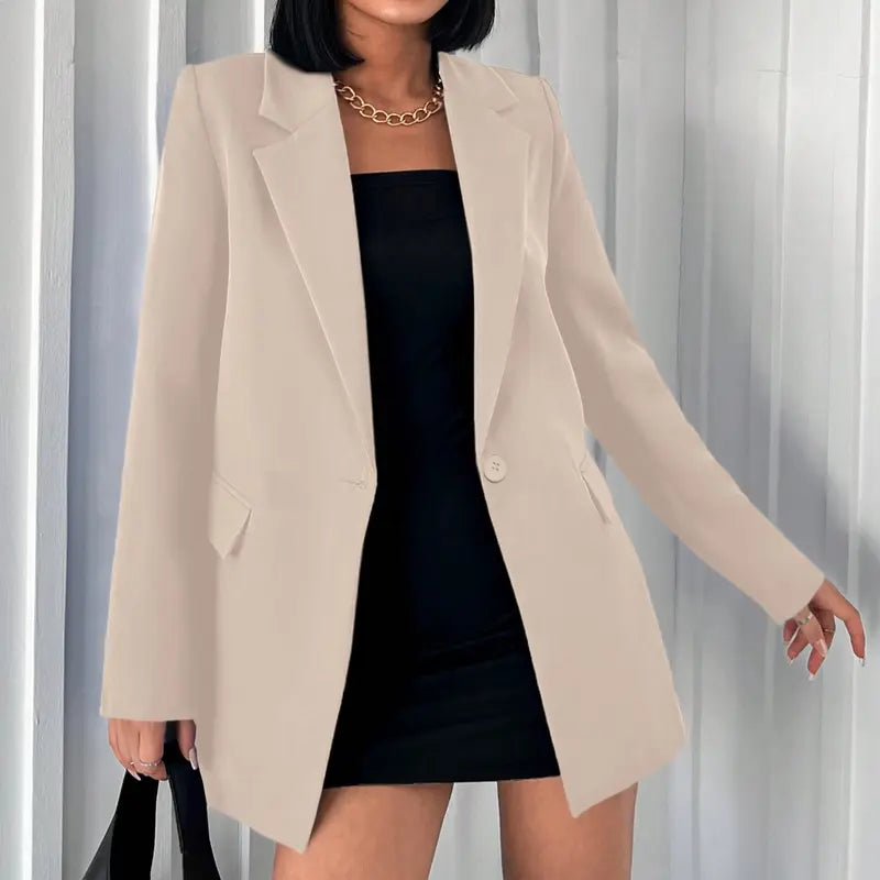 Women's Minimalist Slim-Fitted Longsleeve Lapel Button Blazer Suit - High-Quality Polyester Essential Simple Work Clothes Women, Black/White Office Work Clothes for Corporate Wear