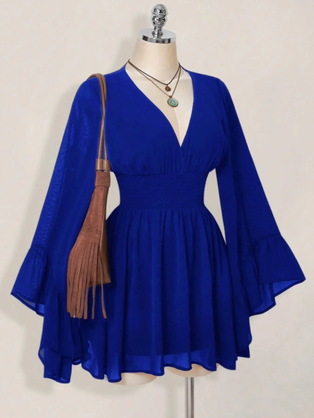 Women's Gothic Style V Neck Waist Cinched Dress, Elegant Long Sleeve Mini Dress, Autumn/winter Lantern Sleeve Dress, Gothic Look #GLOBAL PICKS