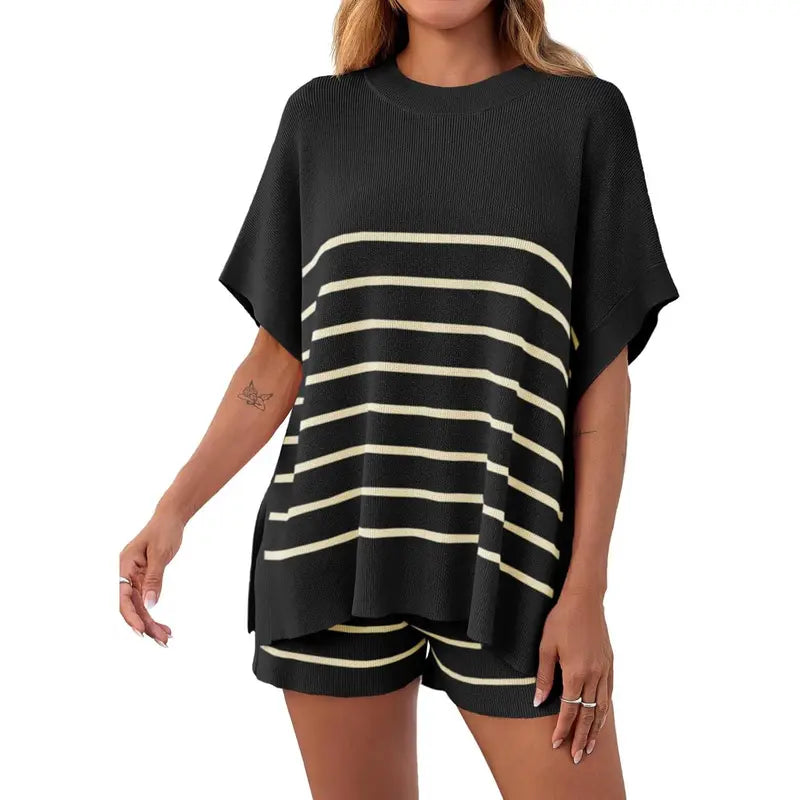 Imily Bela Women's Striped 2 Piece Outfits Oversized Batwing Short Sleeve Tops High Waisted Shorts Summer Knit Lounge Short Sets