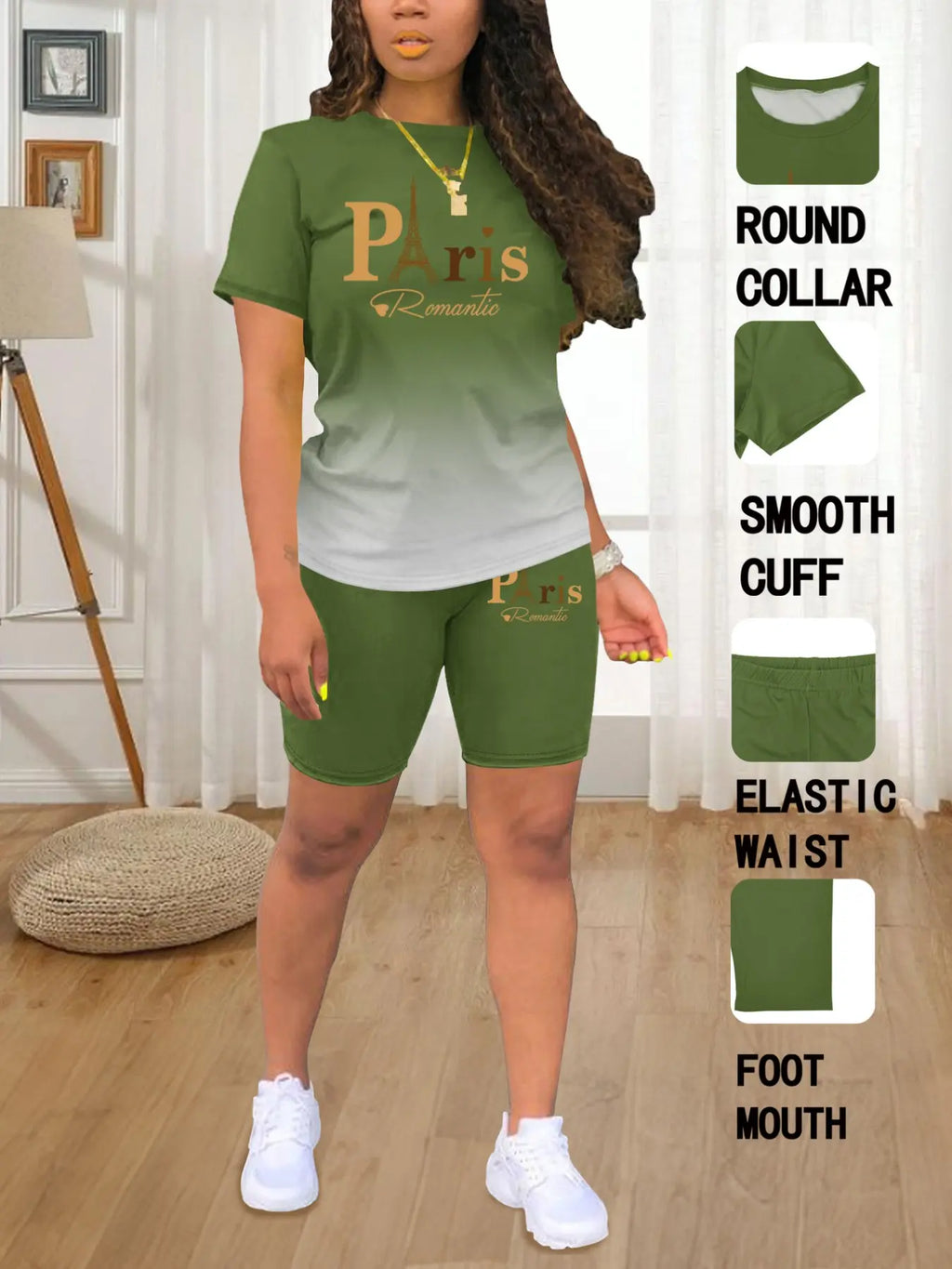 Summer Round Neck Short Sleeve Ombre Printed T-Shirt and Shorts Matching Set Outfit, Casual Long Length Fitted Suit, Plain Surface, 88.2 G/m²