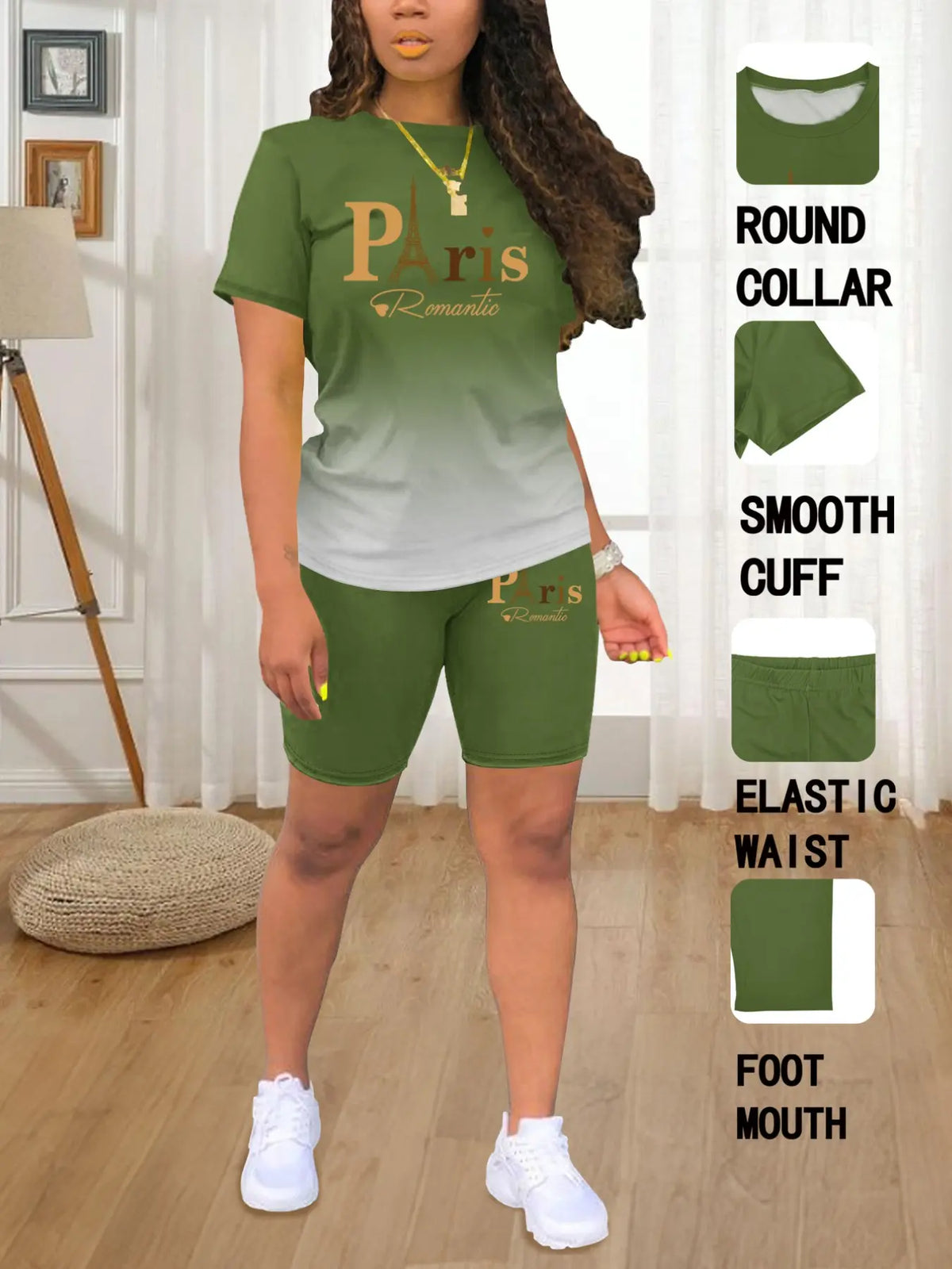 Summer Round Neck Short Sleeve Ombre Printed T-Shirt and Shorts Matching Set Outfit, Casual Long Length Fitted Suit, Plain Surface, 88.2 G/m²