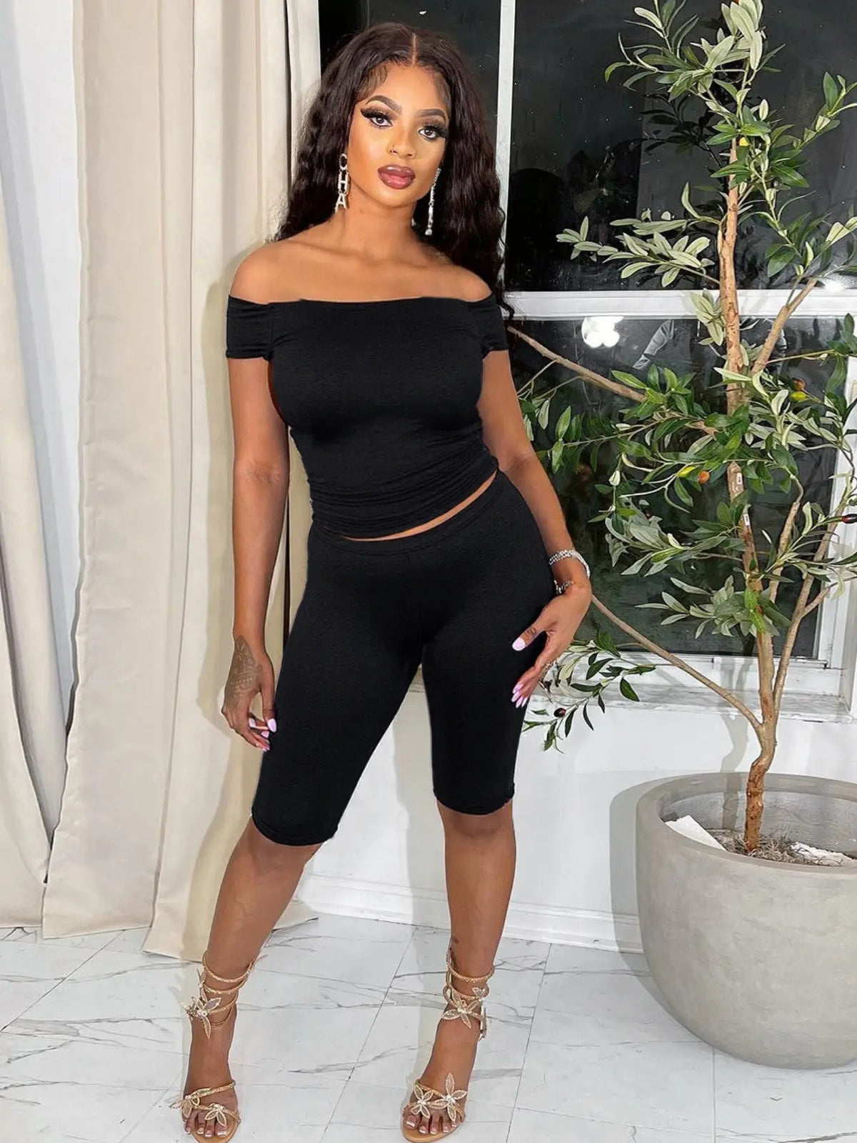 Two-piece Set Women's Leopard Print Off Shoulder Fitted Top & Capri Pants, Fashion Casual Chic Top & Capri Trousers for Daily Outdoor Wear, Ladies Clothes Outfit, two pieces outfits, Cropped #GLOBAL PICKS