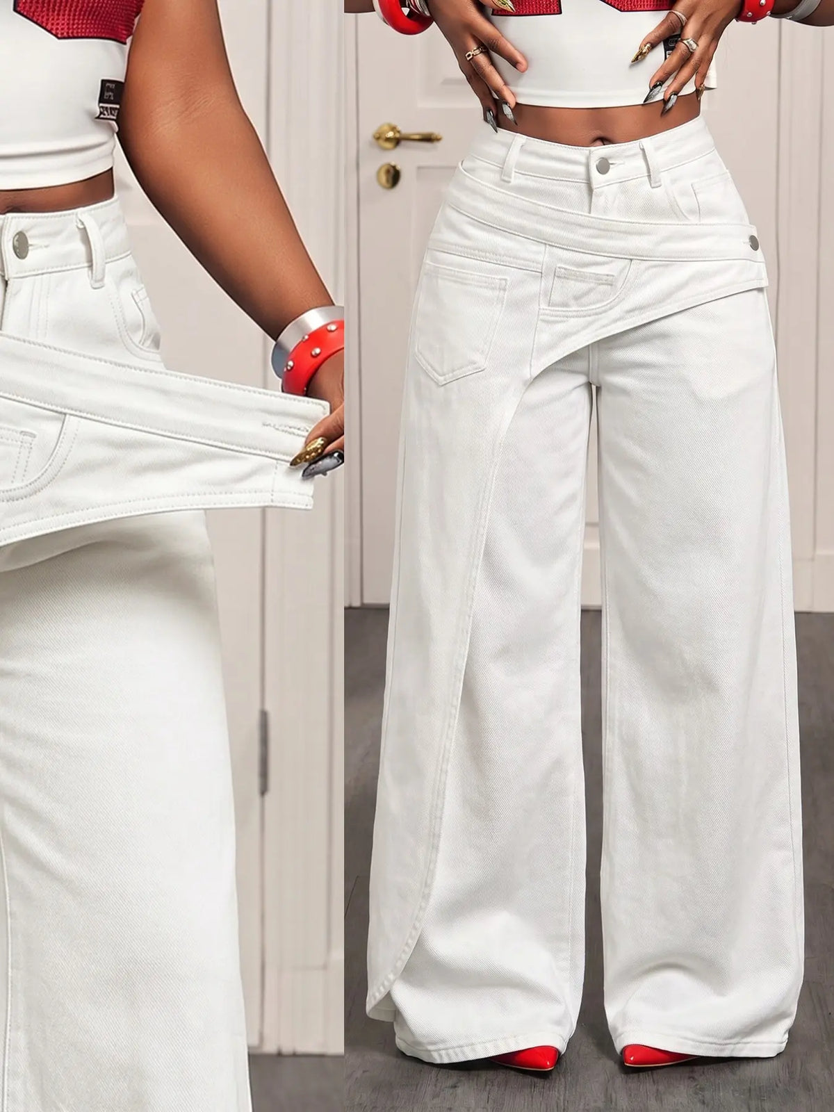 Women's Casual Denim Jean Long Pants, Elegant Plain Pattern, Loose-Fitting, All-Season Fashion, Trendy Asymmetrical Design