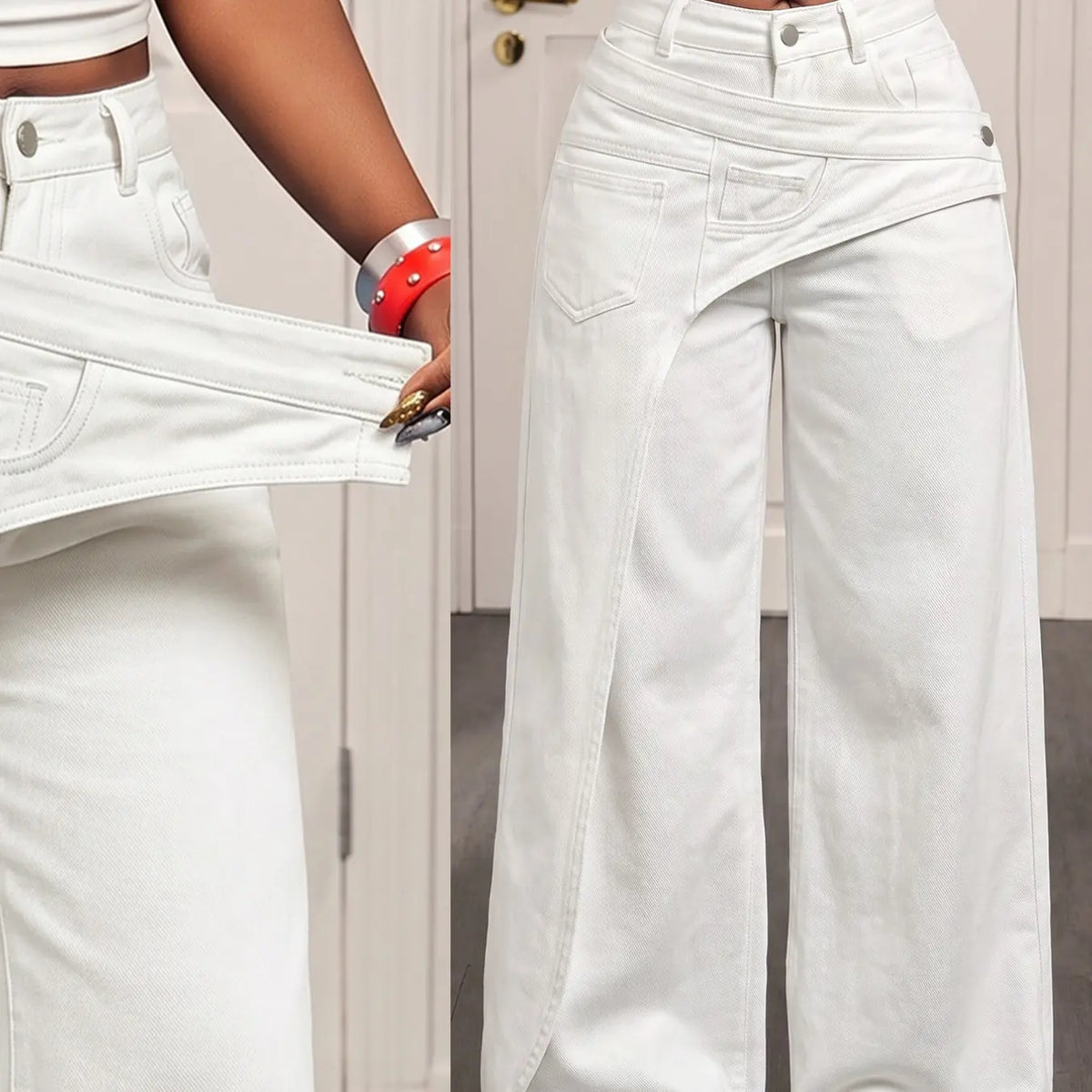 Women's Casual Denim Jean Long Pants, Elegant Plain Pattern, Loose-Fitting, All-Season Fashion, Trendy Asymmetrical Design