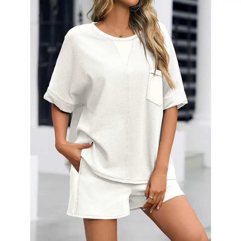 Imily Bela Womens Summer Waffle Knit 2 Piece Outfits Oversized T Shirt Casual Shorts Loungwear Short Sets