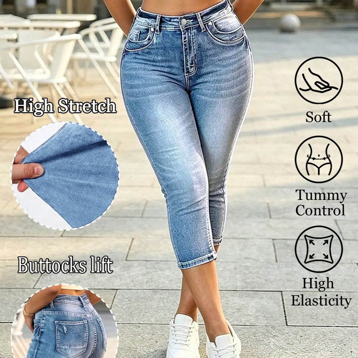 Women's High-Waisted Stretch Denim Capri Jeans Pants, Washed Blue, Tight Fit, Casual Style, Spring Summer Fall Daily Wear, Usa Fashion, Bottom, Fashion Jean Bottoms