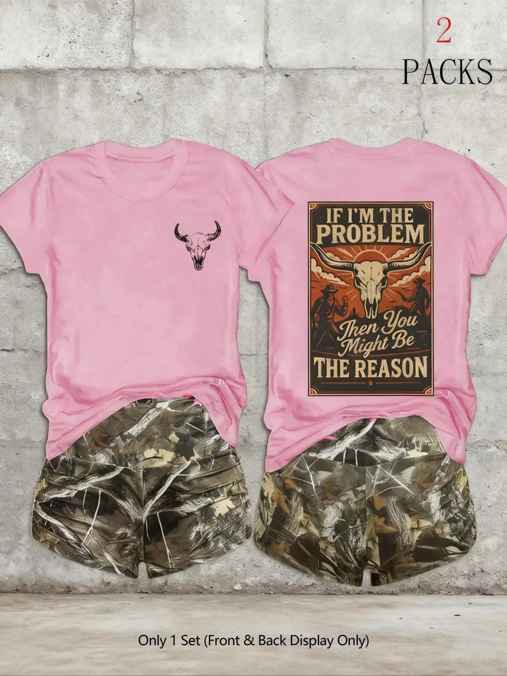 Women's 2-Pack Western Bull Print Short Sleeve Loose T-Shirt & Camo Shorts Set, Soft Casual Fabric, Daily Streetwear Loungewear, Black Beige Pink White Purple Red Multi-Color Options, Clothes