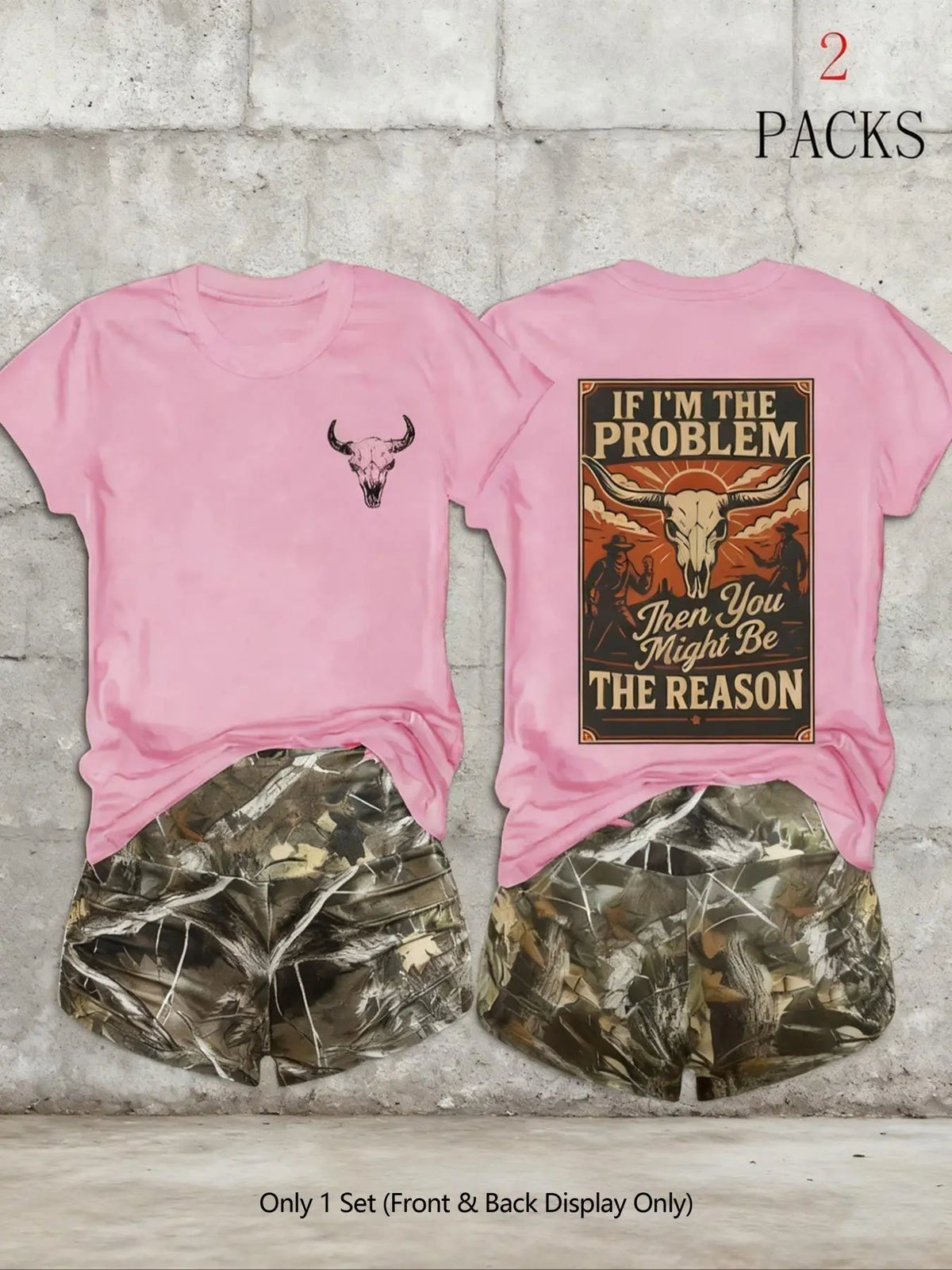 Women's 2-Pack Western Bull Print Short Sleeve Loose T-Shirt & Camo Shorts Set, Soft Casual Fabric, Daily Streetwear Loungewear, Black Beige Pink White Purple Red Multi-Color Options, Clothes