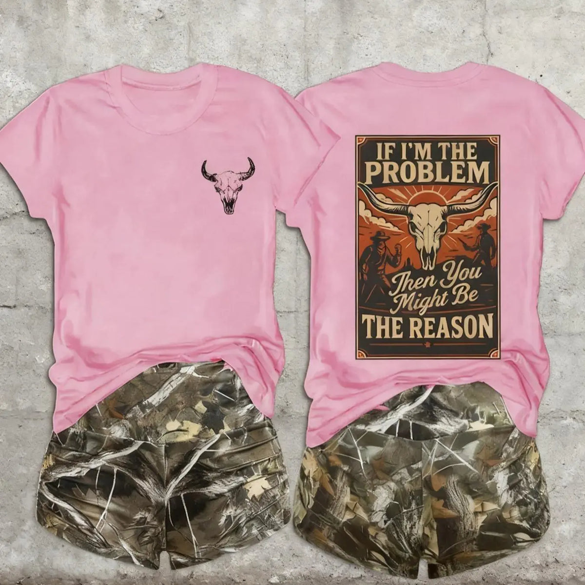 Women's 2-Pack Western Bull Print Short Sleeve Loose T-Shirt & Camo Shorts Set, Soft Casual Fabric, Daily Streetwear Loungewear, Black Beige Pink White Purple Red Multi-Color Options, Clothes