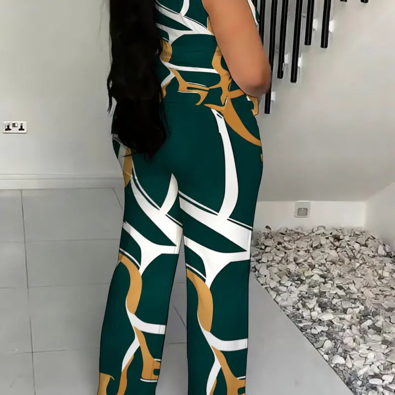 Women's 2026 New Plussize Printed 2-Piece Fashion Apparel Set - High Neck Sleeveless Flattering Tops, Wide Leg Pants, Chic Casual Women's Clothes Cute 2-Piece Sets