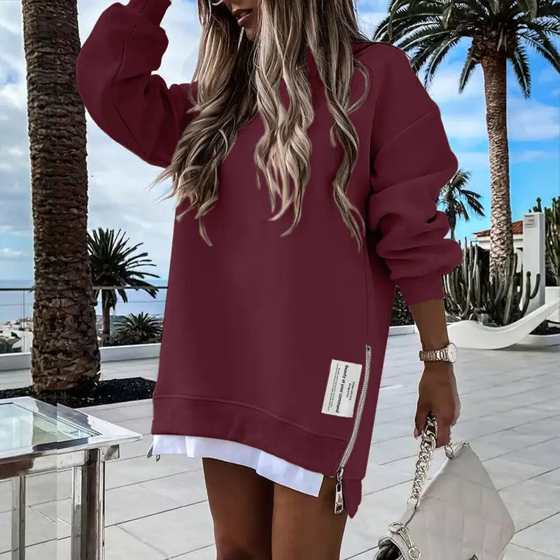 CHICME 2026 Women's Oversized Fall Long Sleeve Pullover Sweatshirt Zipper Slit Casual Dress Drop Shoulder Outfits, Dresses For Women, Women's Clothes