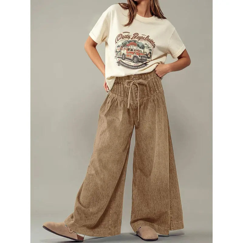 CHOUYATOU Women's Mid-Rise Baggy Flared Denim Pants, Streetwear Style with Pleated Ruffles and Elastic Drawstring Waist, Baggy Jeans