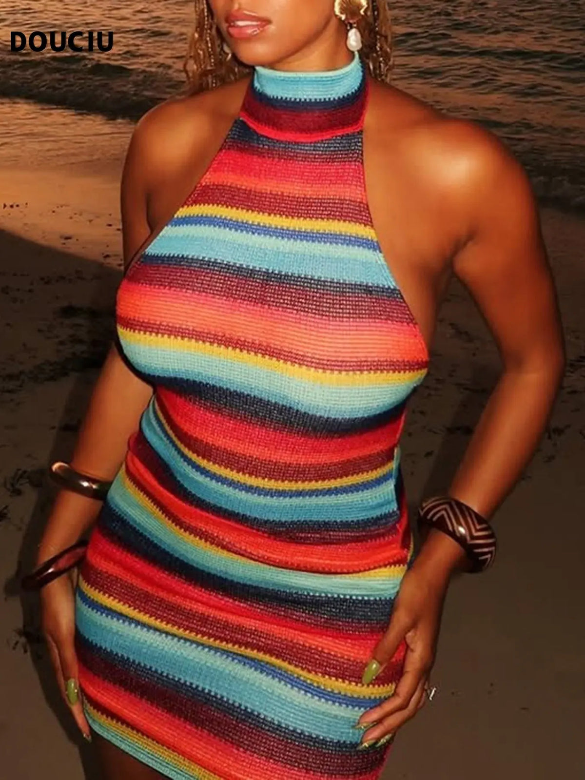 Colorful Striped Trendy Streetwear Versatile Tight Sexy Hot Cool Women's Sleeveless Summer Thin Transparent Mini Halter Neck Beach Party Outfit Dress, Womenswear