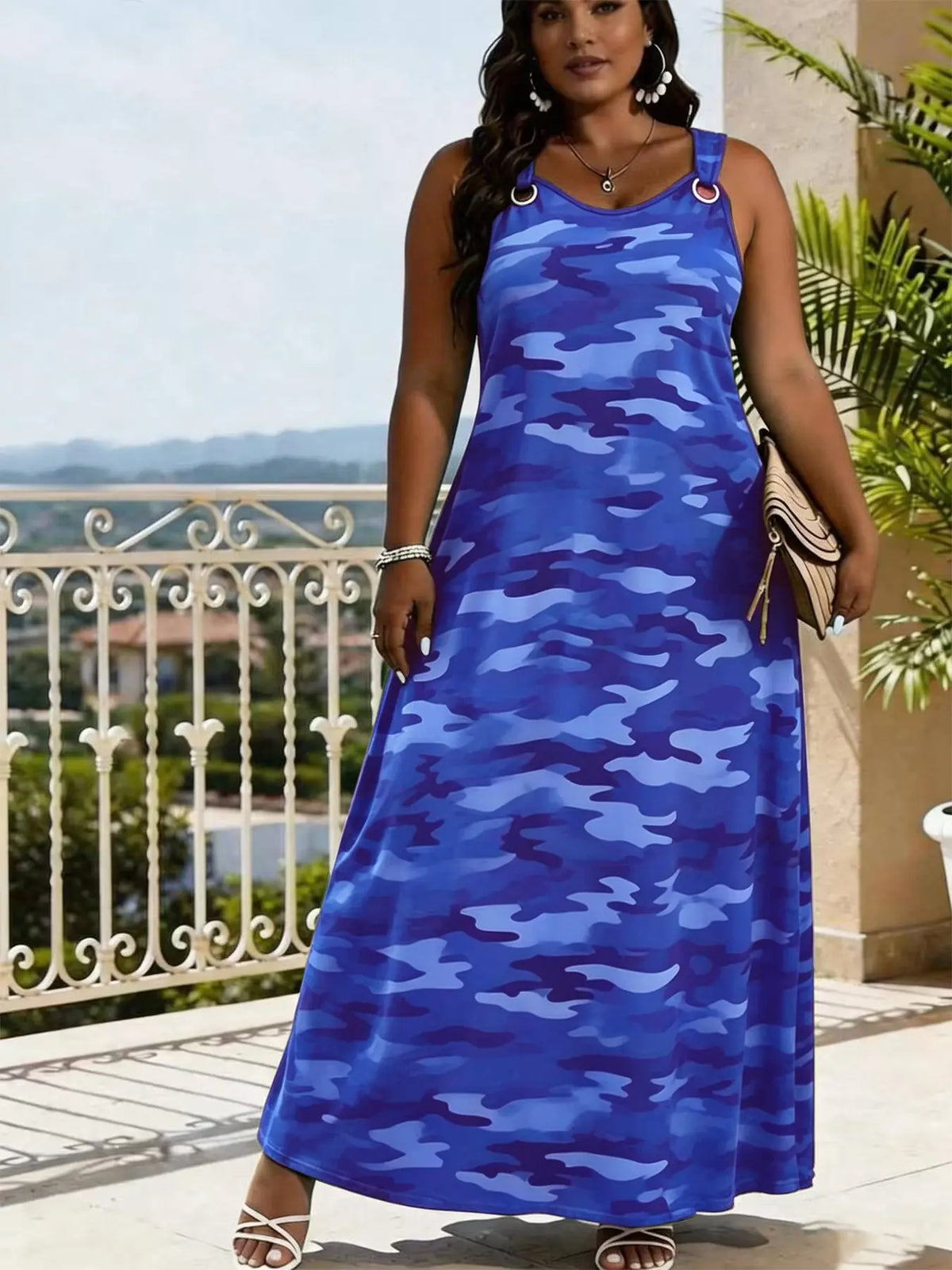 [Juicy Exclusive]Elegant V Neck Sleeveless Summer Casual Dress, Fashion Camouflage Print Long Dress, Wide Strap Hoop Design, Perfect for Daily Outing Beach Party Summer Dresses