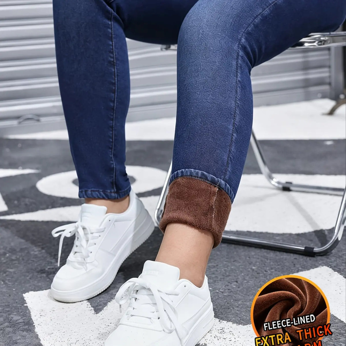 Women's Basic Chic Fleece-Lined Thermal High Waist Jeans, Slim-Fit Woven Denim Pants for Fall & Winter, Chic Bottoms, Trouser