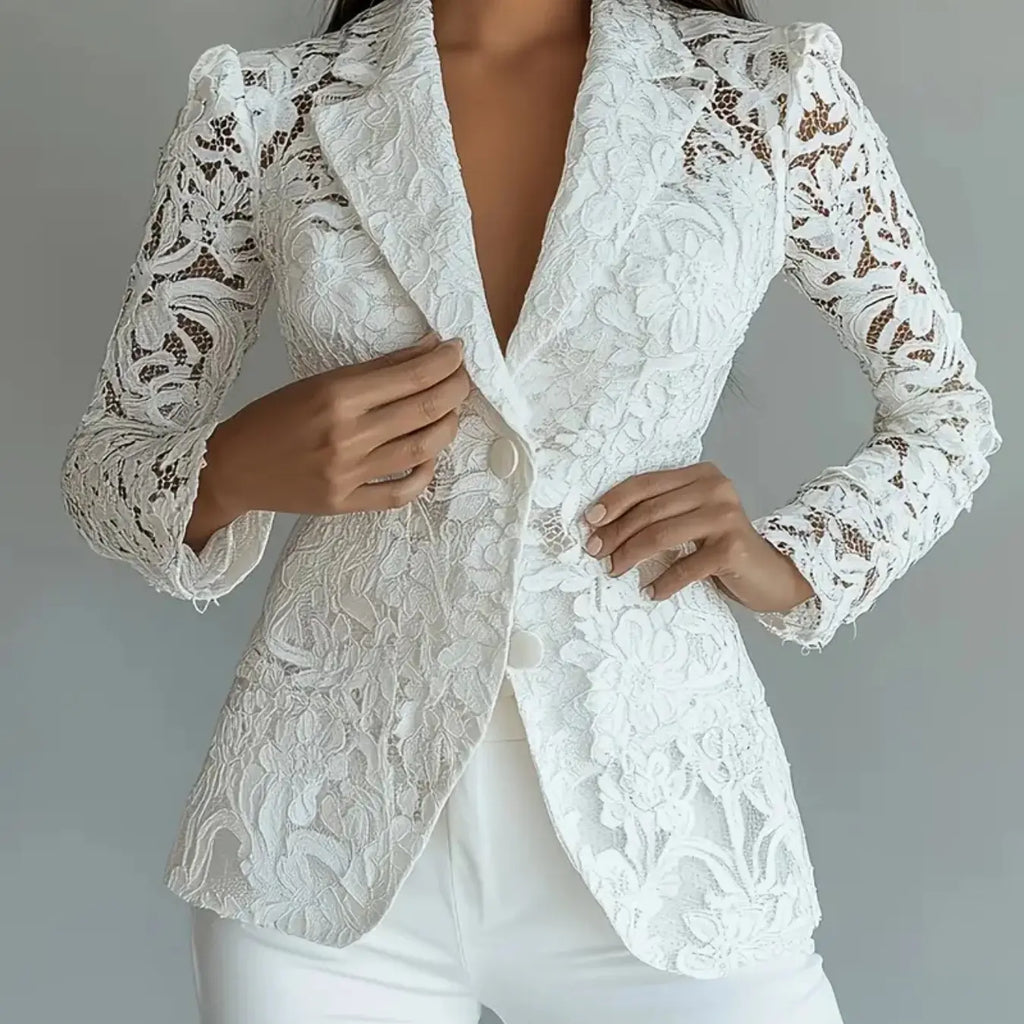 Lace Suit Jacket for Women, Spring Summer Lapel Two Button Waistcoat, Elegant Chic Aesthetic Style Slim-Fitting Long Sleeve Outerwear for All Seasons