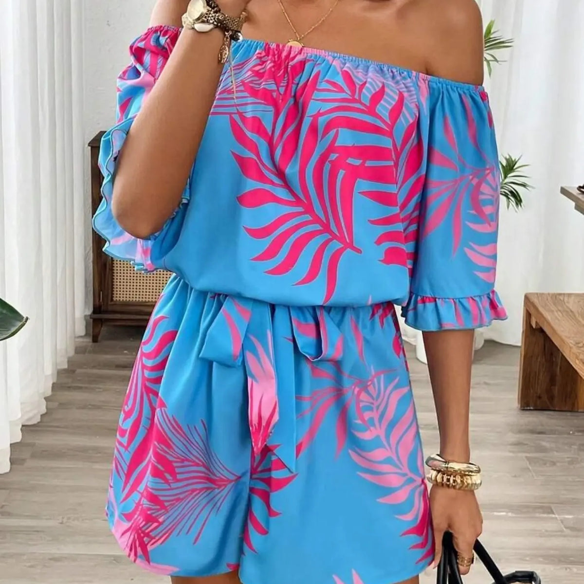 Women's Tropical Print Off-Shoulder Lightweight Romper, Bohemian Style, Ruffled Sleeve & Hem, Cinched Waist, Stylish & Comfortable Summer Wear