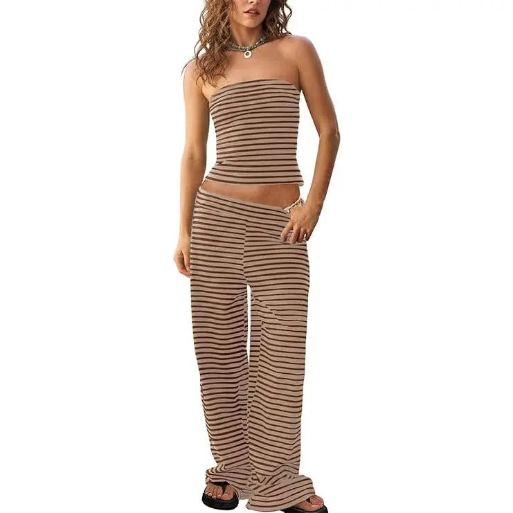 TANKANEO Women's 2-Piece Striped Trendy Clothing Set - Cute Slim Y2K Strapless Tube Top & Wide Leg Pants, Comfortable Casual Spring Summer Outfits (Cute Clothes, Casual Women's Set)
