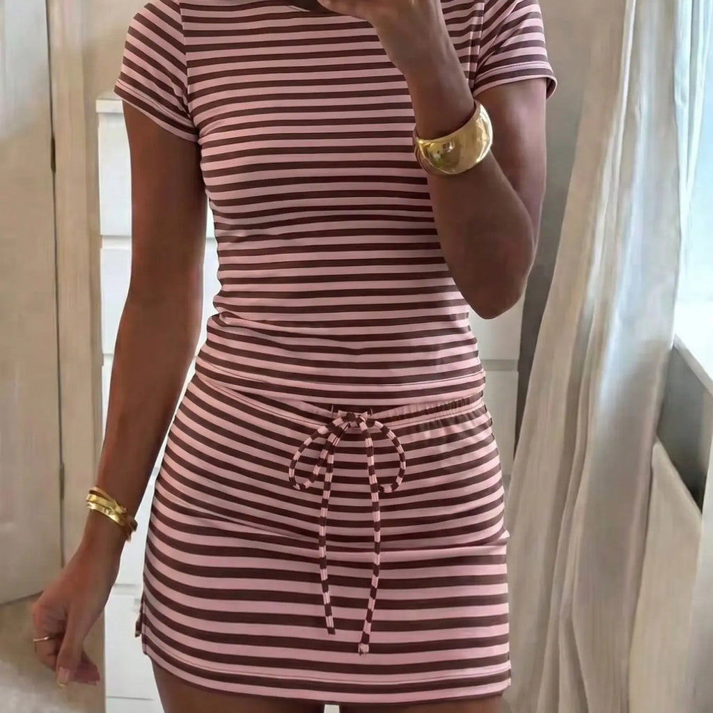 Soft Stretch Striped Casual Two-Piece Set, Slim Fit Short Round Neck T-Shirt & High Waist Adjustable Drawstring Skirt, Versatile Home & Skirt and top set