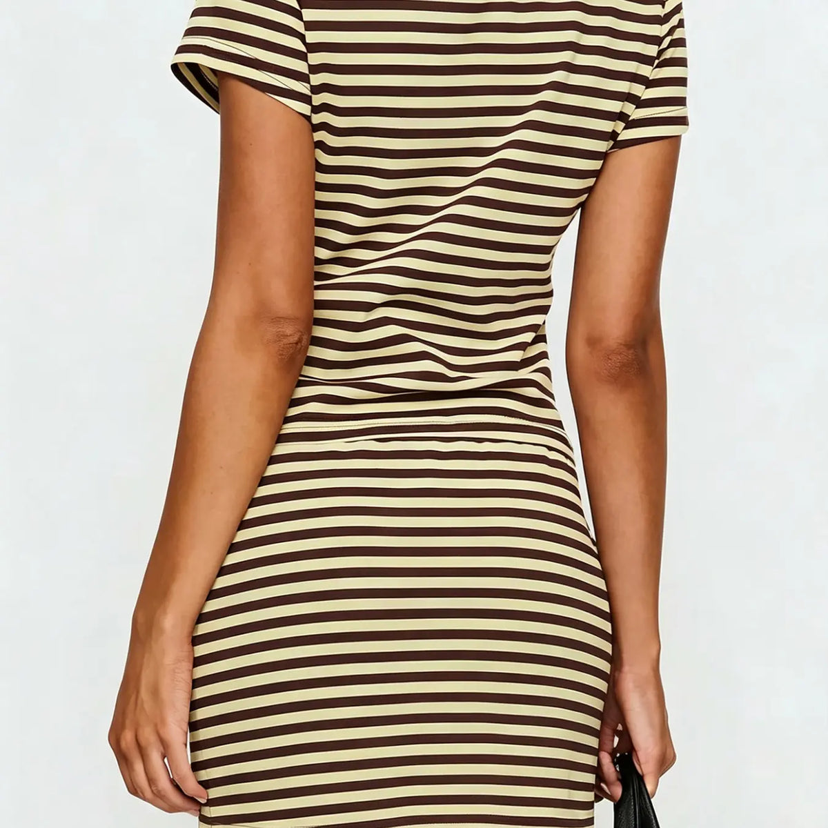 Soft Stretch Striped Casual Two-Piece Set, Slim Fit Short Round Neck T-Shirt & High Waist Adjustable Drawstring Skirt, Versatile Home & Skirt and top set