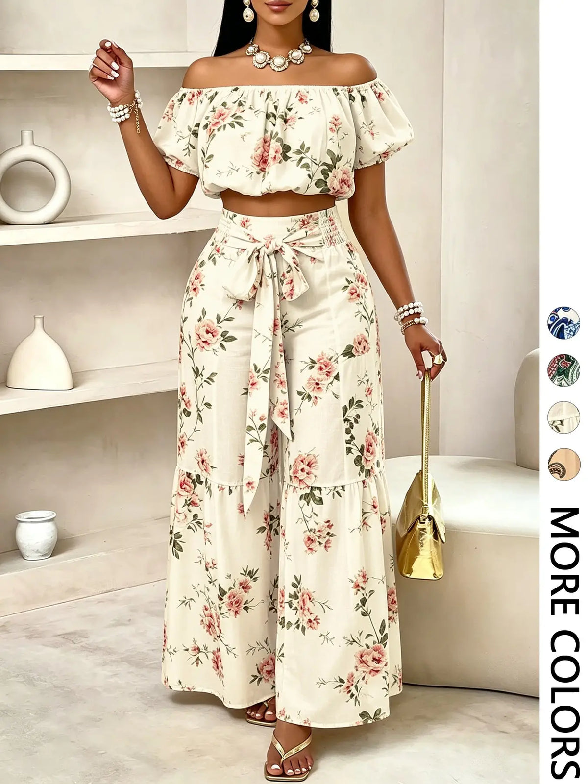 Women's Summer Paisley Print Bohemian Boho Vintage Chic Vacation Two-Piece Outfit, Two Pieces Outfits, Off-Shoulder Bubble Sleeve Crop Top + High Waist Adjustable Drawstring Wide Leg Pants