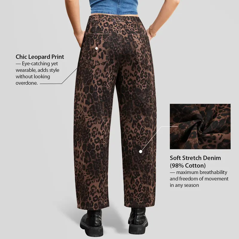 【GRAPENT Barrel Jeans Collection】Women's High-Waisted Stretchy Leopard Print Pull-On Cropped Ankle Denim Bottoms, Stylish Women's Wear for Early Fall Backtoschoolshopping, Women's Fashion Essential