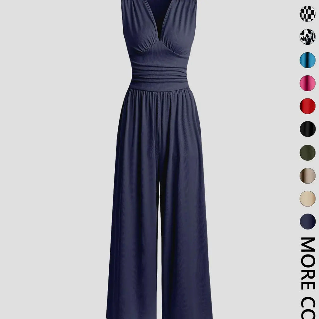 Women's Plain Ruched Deep V Neck Fashion Jumpsuit, Elegant Sleeveless Wide Leg Jumpsuit for Summer, Ladies Clothes for Beach Holiday Vacation