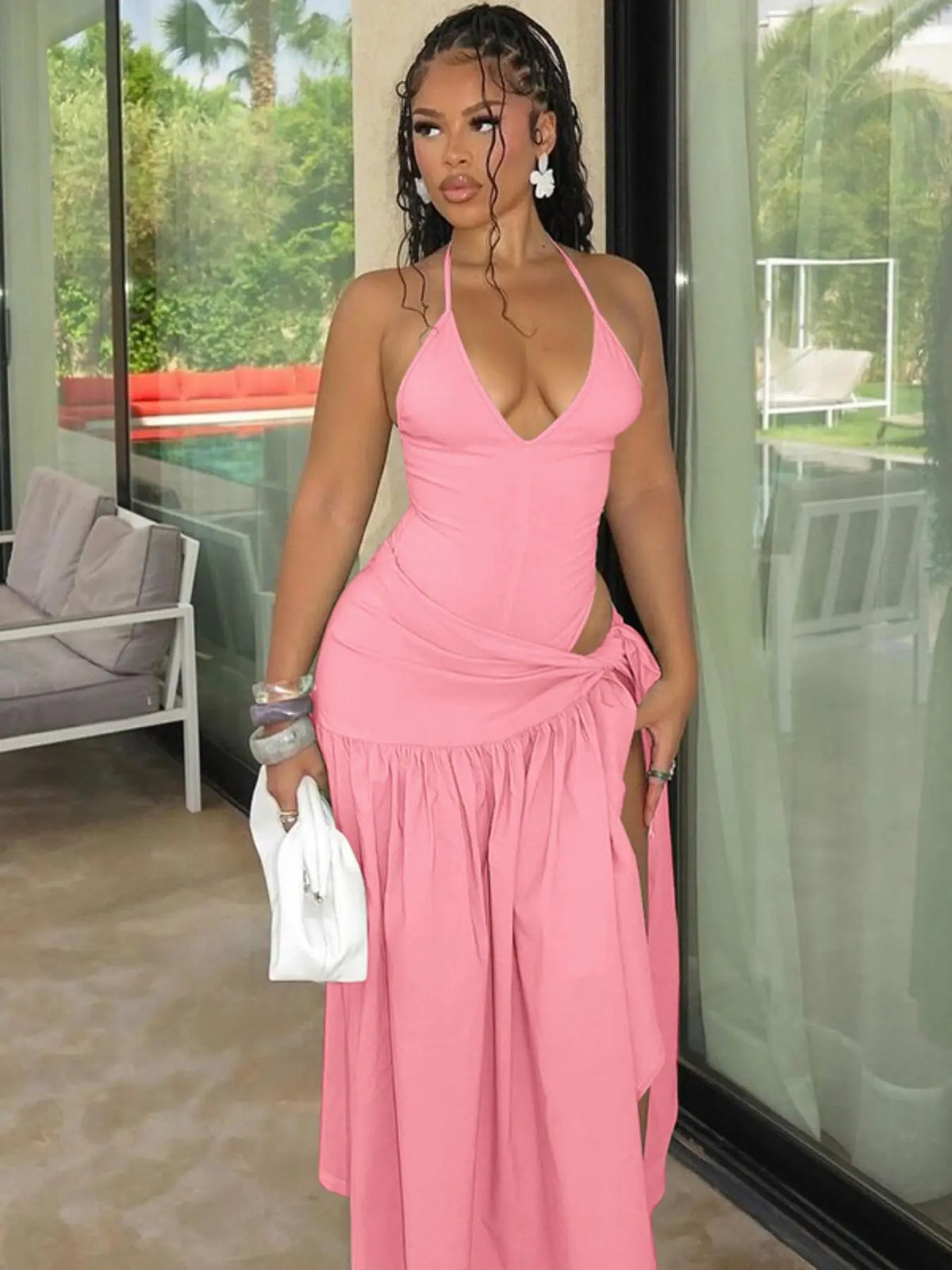 Women's Solid Backless Sleeveless Cami Bodysuit & Split Thigh Skirt Two-piece Set, Sexy Fashion Casual Halter Neck Bodysuit & Tie Front Pleated Skirt for Daily Outdoor Wear, Ladies Clothes for All Seasons Summer Suits, Chic Matching Skirt Set