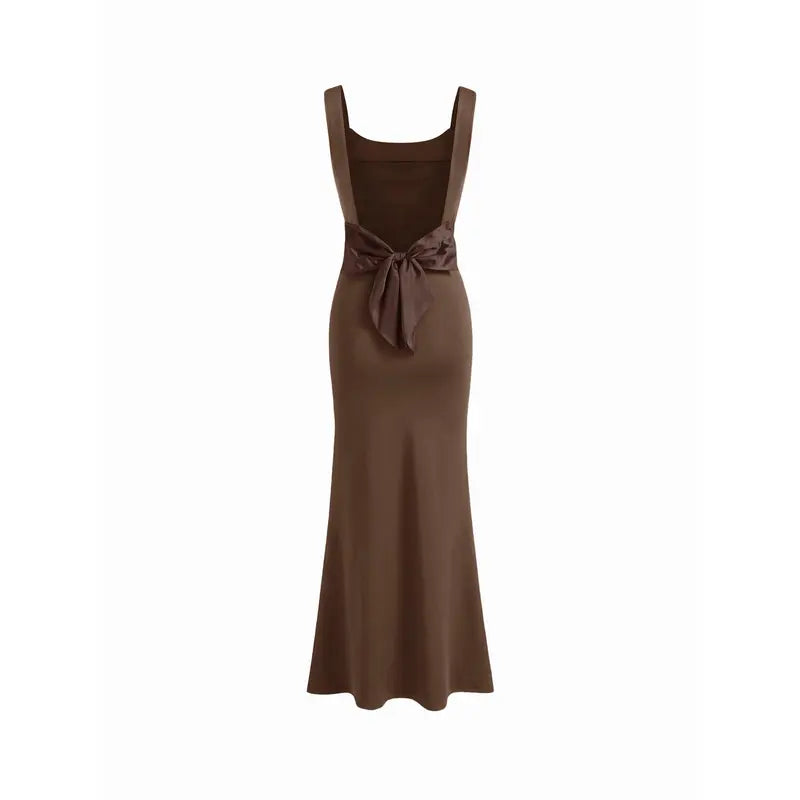 Cider Scoop Neckline Solid Bowknot Backless Maxi Dress Minimalist High Stretch Womenswear