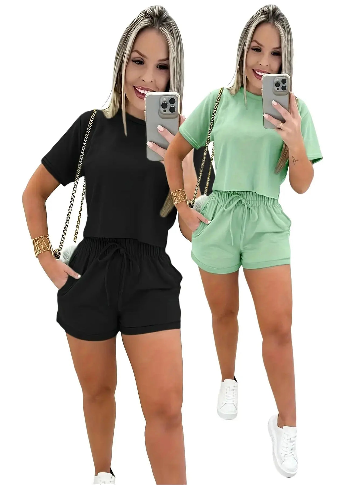 Two-Piece Set Women's Solid Color Short Sleeve Crop Jersey Tee & Elastic Waist Tie Front Shorts Set, Casual Round Neck T-Shirt & Pocket Shorts for Summer, Summer Outfits 2026, Ladies Clothes for Daily Wear, Two Pieces Outfits