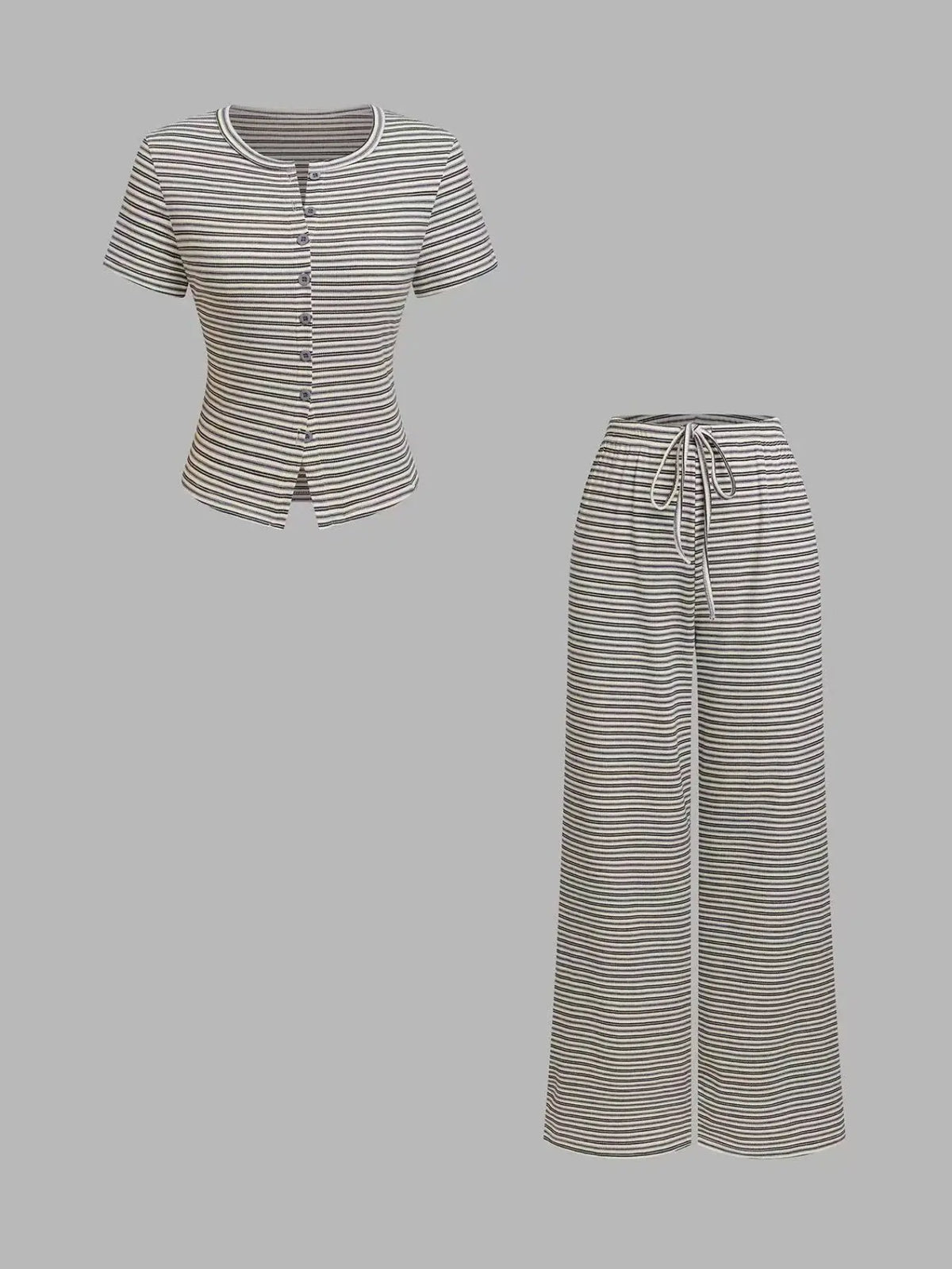 Women's 2-Piece Casual Wide Leg Pants and Short Sleeve Round Neck Striped Knit Top Set, Perfect for Everyday Comfort and Style, Clothes Pants Sets