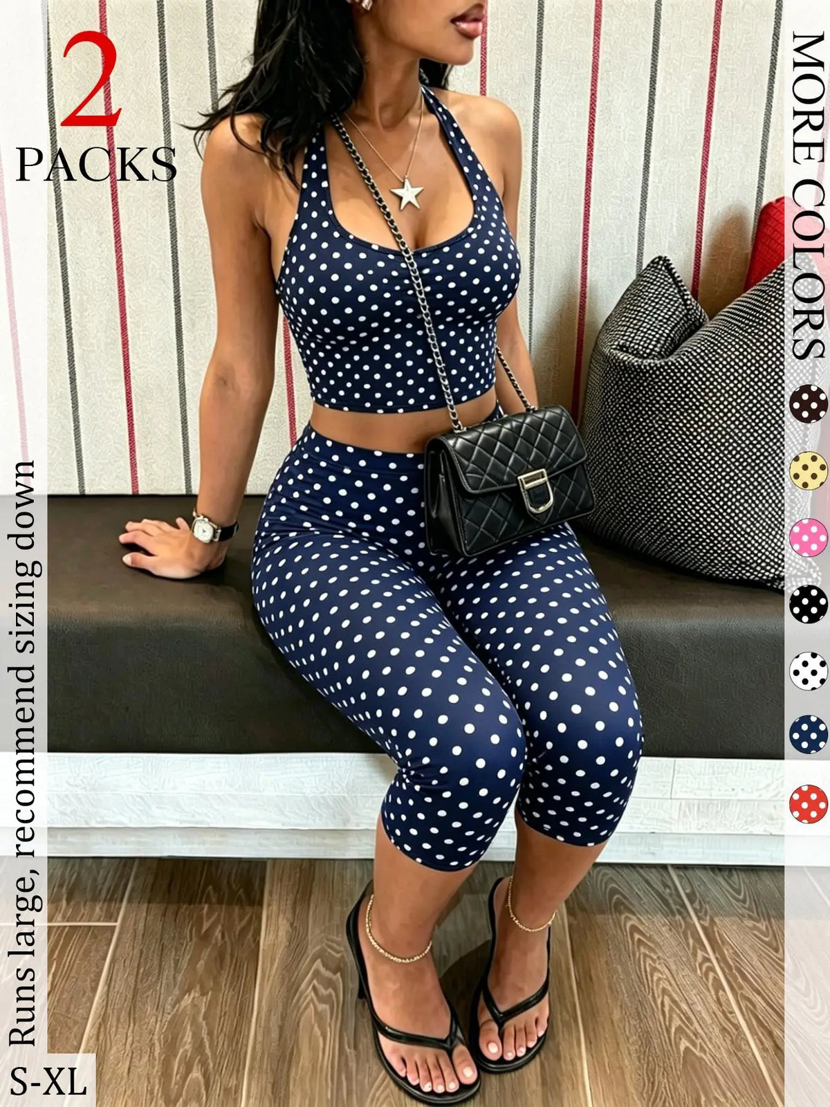 2 Packs Women Polka Dot 2 Piece Outfit, Casual Chic Set, Halter Crop Top & High Waist Capri Leggings Set, Bohemian Slim Fit Loungewear Tracksuit for Streetwear Summer