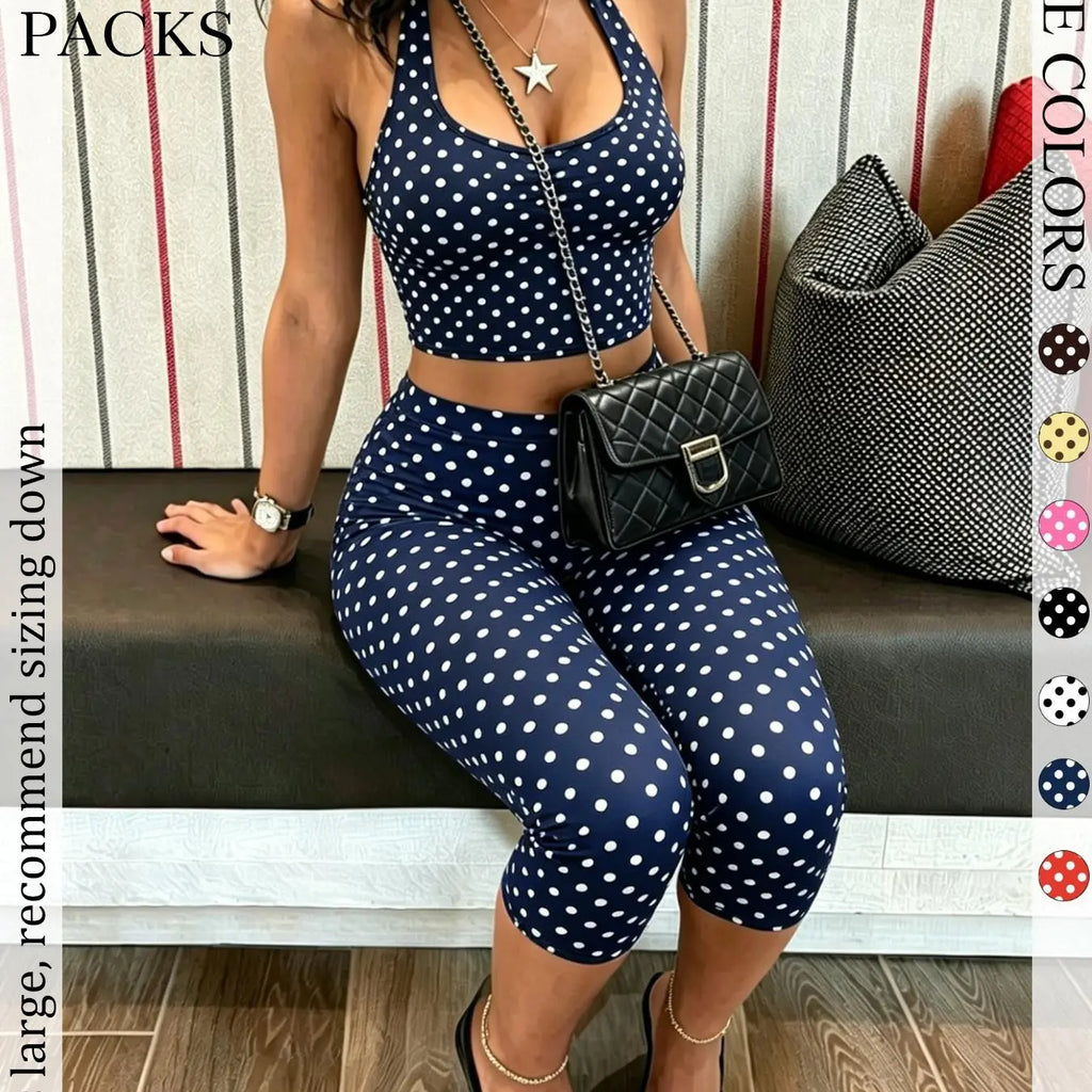 2 Packs Women Polka Dot 2 Piece Outfit, Casual Chic Set, Halter Crop Top & High Waist Capri Leggings Set, Bohemian Slim Fit Loungewear Tracksuit for Streetwear Summer