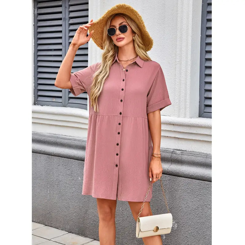 AUSELILY Babydoll Dress for Women Short Sleeve Button Down Textured Non-clingy Loose Fit Flowy Mini Dress with Pockets 2026 New Summer Dress Beachy Style Dress Casual