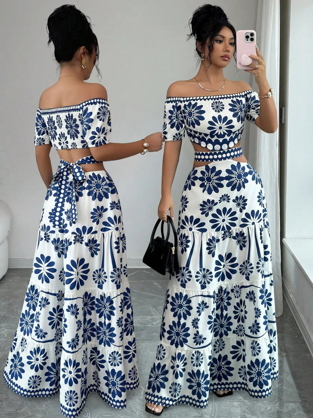 Women's Floral Off-Shoulder Short Sleeve Hollow Out Waist Fashion Chic Dress, Tropical Vacation Women's Dress, Long Dress for Summer, Floral Woven Dress