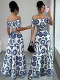 Women's Floral Off-Shoulder Short Sleeve Hollow Out Waist Fashion Chic Dress, Tropical Vacation Women's Dress, Long Dress for Summer, Floral Woven Dress