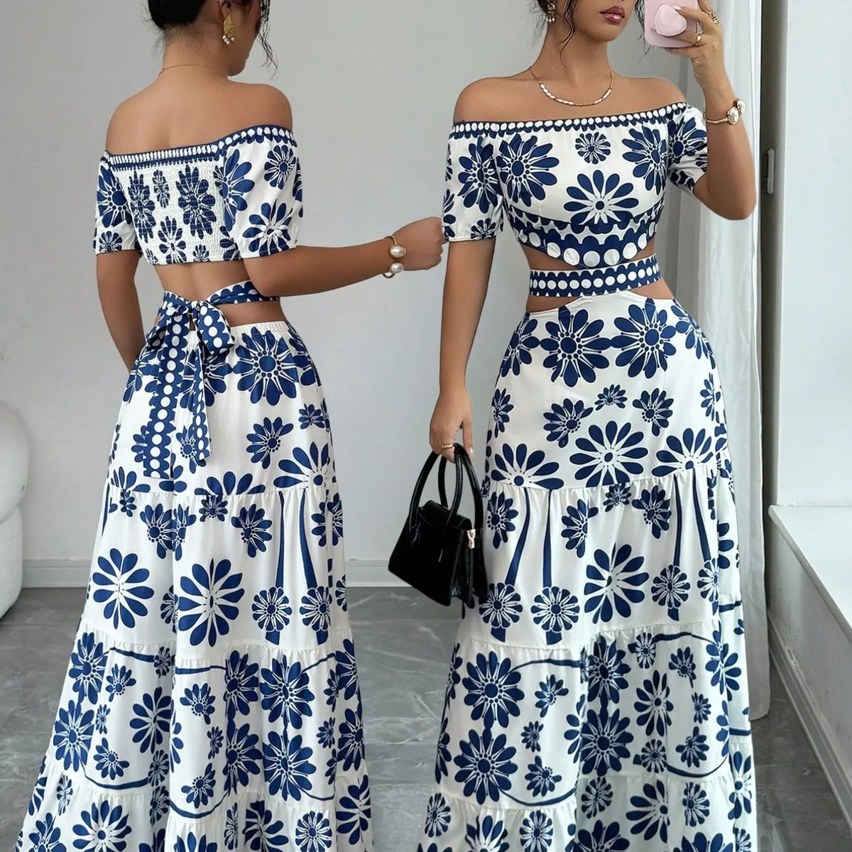 Women's Floral Off-Shoulder Short Sleeve Hollow Out Waist Fashion Chic Dress, Tropical Vacation Women's Dress, Long Dress for Summer, Floral Woven Dress