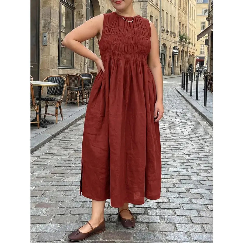【Plus Size】TANKANEO Women's Plus Size Breathable Sleeveless Crewneck Ruched Maxi Dress with Pockets, Lightweight Casual Dresses for Day Wear & Beach, Matches Flat Shoes & Cardigan