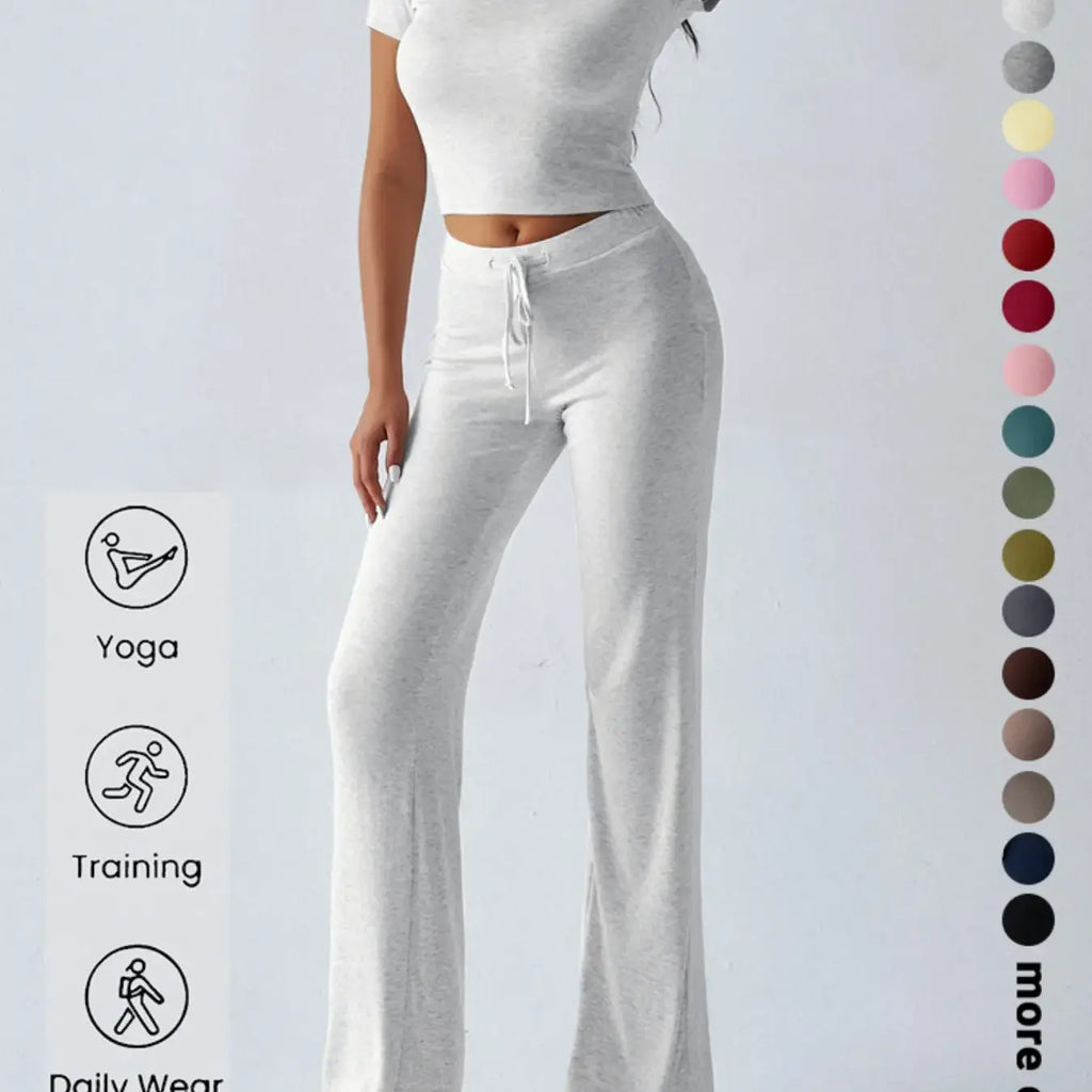 Women's Basic Minimalist Solid Short Sleeve Two-piece Set, Casual Round Neck Crop Tee & Drawstring High Waist Trousers for Daily Wear, Ladies Summer Clothes, Womenswear