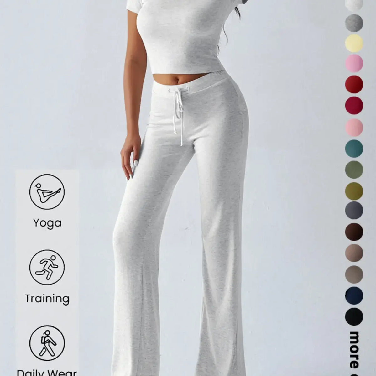 Women's Basic Minimalist Solid Short Sleeve Two-piece Set, Casual Round Neck Crop Tee & Drawstring High Waist Trousers for Daily Wear, Ladies Summer Clothes, Womenswear