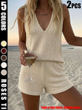 Women's Loose-Fit Baggy Knit Fabric Two-Piece Set Suits, V-Neck Sleeveless Tank Top & Knitted Shorts for Beach, Casual Summer Wear, Comfortable and Stylish Beachwear