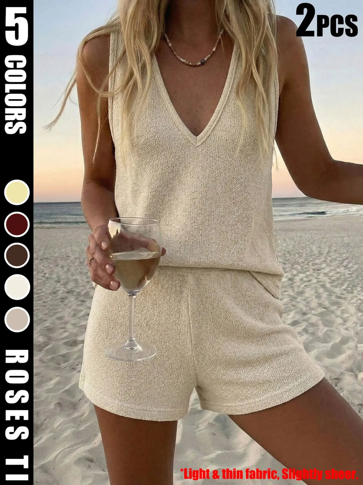 Women's Loose-Fit Baggy Knit Fabric Two-Piece Set Suits, V-Neck Sleeveless Tank Top & Knitted Shorts for Beach, Casual Summer Wear, Comfortable and Stylish Beachwear