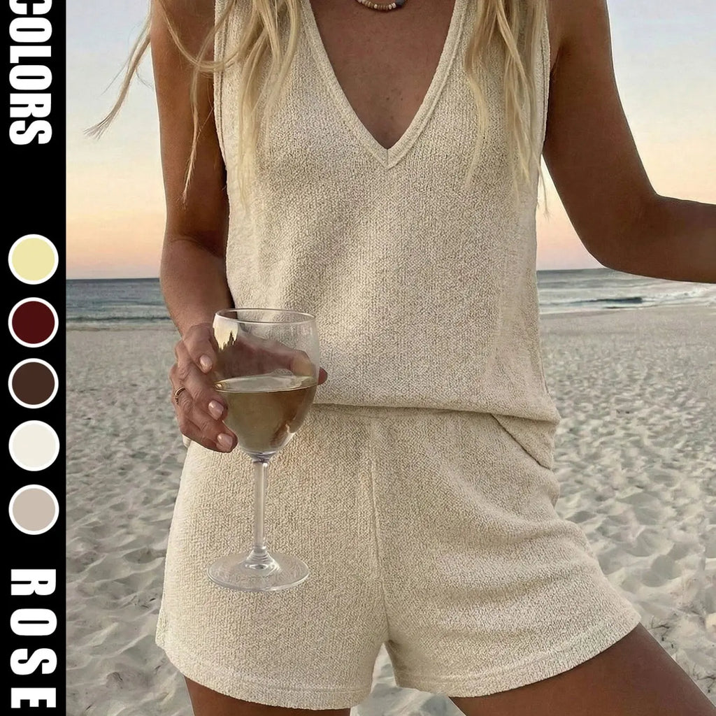 Women's Loose-Fit Baggy Knit Fabric Two-Piece Set Suits, V-Neck Sleeveless Tank Top & Knitted Shorts for Beach, Casual Summer Wear, Comfortable and Stylish Beachwear