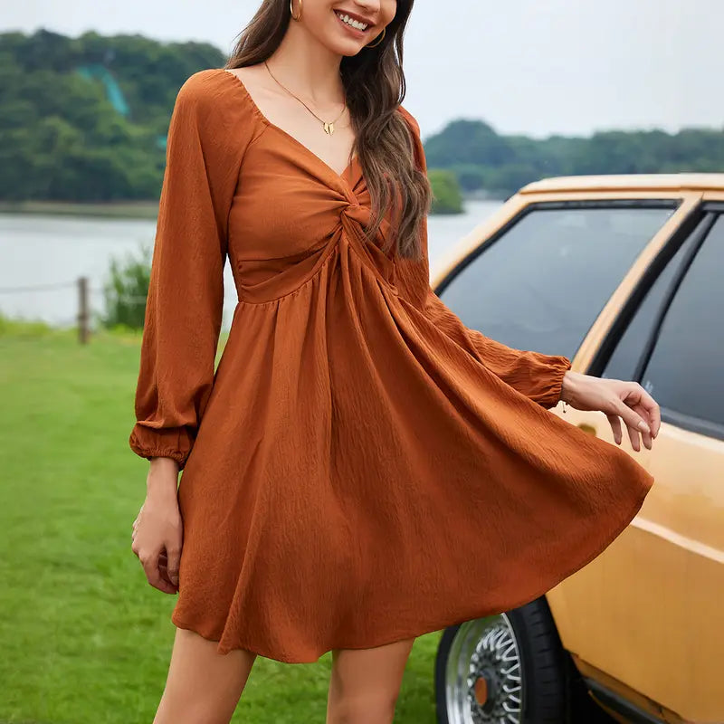 Chicovar Women's Fall Sweetheart Neckline Knot Front Flowy Mini Chiffon Dresses , Lantern Sleeve, A-Line Cut, No Scratchy, No Sheer, Westernfashion, Family Photos, Church, Party, Casual, or Daily Wear, Sohochic Long Sleeve Womenswear
