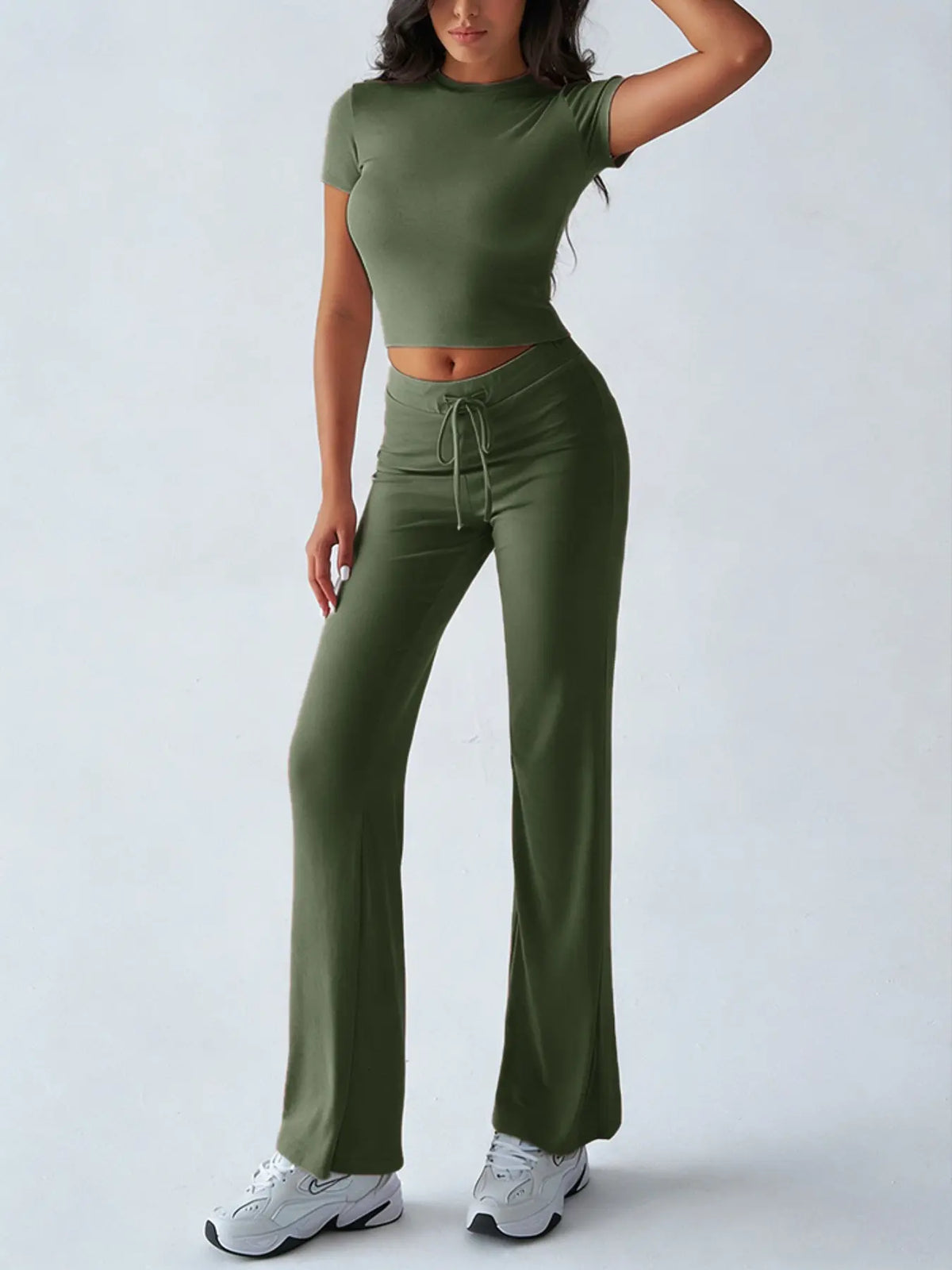 Women's Basic Minimalist Solid Short Sleeve Two-piece Set, Casual Round Neck Crop Tee & Drawstring High Waist Trousers for Daily Wear, Ladies Summer Clothes, Womenswear