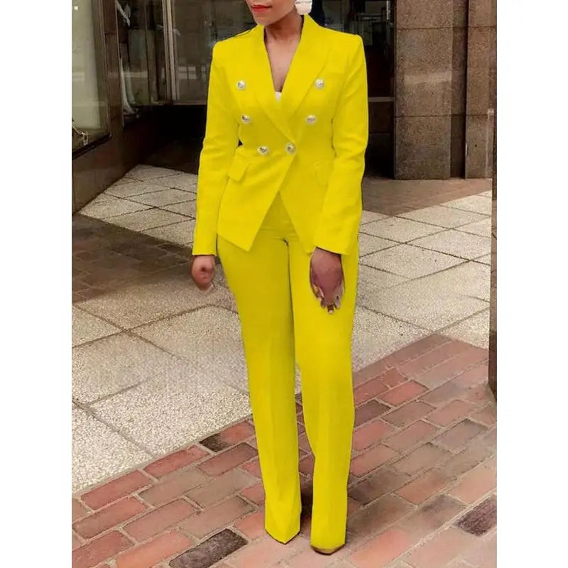 Women's Fitted 2-Piece Blazer Trouser Set - Basic Elegant Solid Corporate Suit with High-Waisted Button Pants for Office Wear, Including Women 2 Piece Sets Options