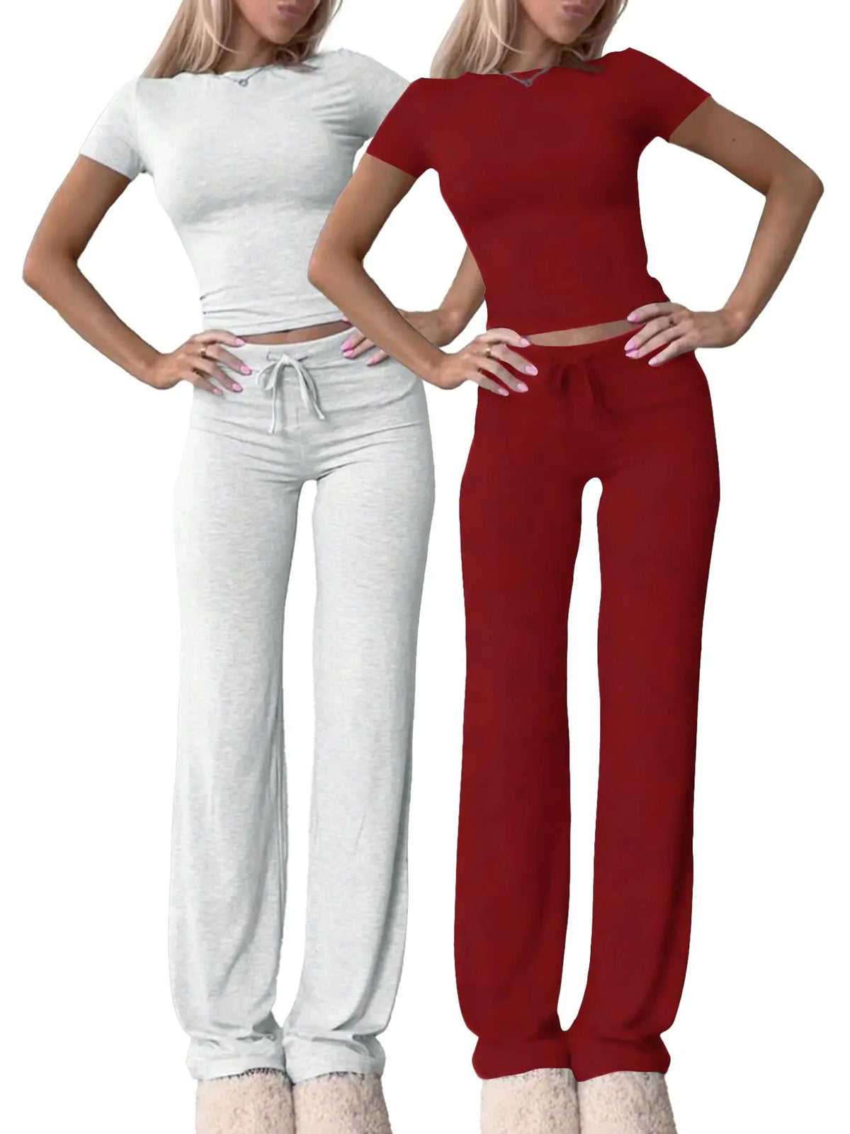 Women's Basic Minimalist Solid Short Sleeve Two-piece Set, Casual Round Neck Crop Tee & Drawstring High Waist Trousers for Daily Wear, Ladies Summer Clothes, Womenswear